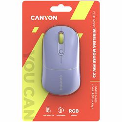 CANYON MW-22, 2 in 1 Wireless optical mouse with 6 buttons, DPI 800/1200/1600, 2 mode(BT/ 2.4GHz),  650mAh Li-poly battery,RGB backlight ,Mountain lavender, cable length 0.8m, 110*62*34.2mm, 0.085kg