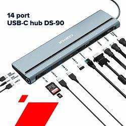 Canyon 14 in 1 hub, with Type C female *2,Type C male *1:max 10Gbps,USBA*3:max 10Gbps,DP*1，VGA*1,SD card slot*1,TF card slot*1,Audio 3.5 audio*1,HDMI*2,RJ45*1,cable length 0.20m,Aluminum alloy housing