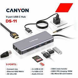 CANYON 9 in 1 USB C hub, with 1*HDMI: 4K*30Hz,1*Gigabit Ethernet,, 1*Type-C PD charging port, Max 100W PD input. 2*USB3.0,transfer speed up to 5Gbps. 1*USB 2.0, 1*SD, 1*3.5mm audio jack, cable 18cm, A