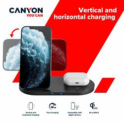 CANYON WS-202 2in1 Wireless charger, Input 5V/3A, 9V/2.67A, Output 10W/7.5W/5W, Type c cable length 1.2m, PC+ABS,with PU part ,180*86*111.1mm, 0.185Kg,Black