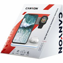 CANYON WS-303 3in1 Wireless charger, with touch button for Running water light, Input 9V/2A, 12V/2A, Output 15W/10W/7.5W/5W, Type c to USB-A cable length 1.2m, 137*103*140mm, 0.22Kg, White