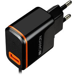 CANYON Universal 1xUSB AC charger (in wall) with over-voltage protection, plus Type C USB connector, Input 100V-240V, Output 5V-2.1A, with Smart IC, black (orange stripe)?, cable length 1m, 81*47.2*27