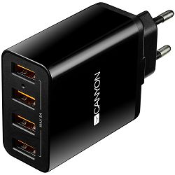 CANYON Universal 4xUSB AC charger (in wall) with over-voltage protection, Input 100V-240V, Output 5V-5A, with Smart IC, black glossy color+orange plastic part of USB