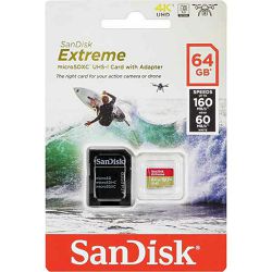 SanDisk Extreme microSDXC 64GB for Action Cams and Drones + SD Adapter 160MB/s A2 C10 V30 UHS-I U3, SDSQXA2-064G-GN6AA