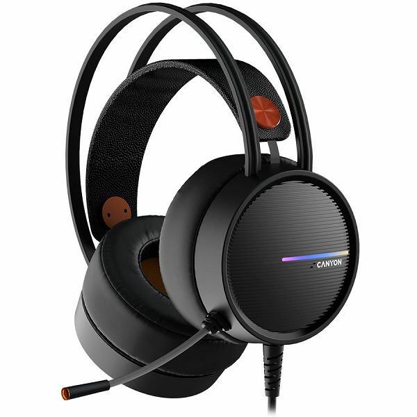 CANYON INTERCEPTOR GH-8A, Gaming headset 3.5mm jack plus USB connector for LED backlight, adjustable microphone and volume control, with 2in1 3.5mm adapter, cable 2M, Black and Orange, 0.36kg