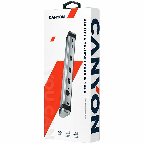 Canyon Multiport Docking Station with 7 ports: 2*Type C+1*HDMI+2*USB3.0+1*RJ45+1*audio 3.5mm, Input 100-240V, Output USB-C PD 5-20V/3A&USB-A 5V/1A, with type c to type c cabel 0.3m, Space gray, 226*33