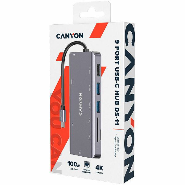 CANYON 9 in 1 USB C hub, with 1*HDMI: 4K*30Hz,1*Gigabit Ethernet,, 1*Type-C PD charging port, Max 100W PD input. 2*USB3.0,transfer speed up to 5Gbps. 1*USB 2.0, 1*SD, 1*3.5mm audio jack, cable 18cm, A