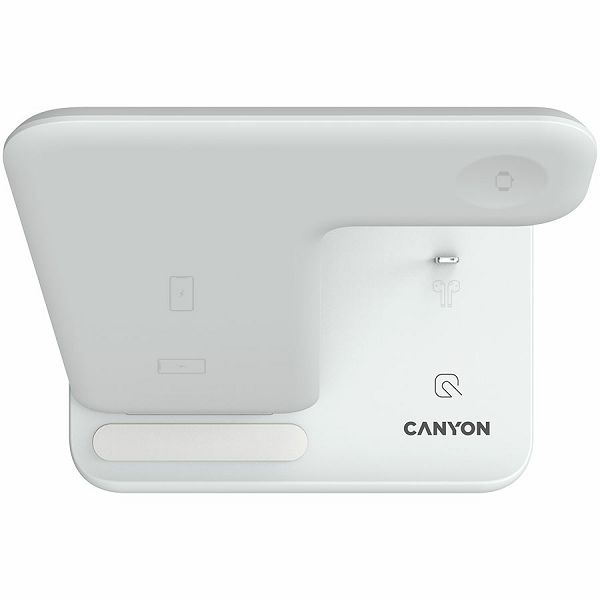 CANYON WS-302 3in1 Wireless charger, with touch button for Running water light, Input 9V/2A, 12V/2A, Output 15W/10W/7.5W/5W, Type c to USB-A cable length 1.2m, 137*103*140mm, 0.22Kg, White