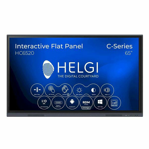 Helgi HC6520M - 65" 4K Ultra HD LED 3840 x 2160, 40 dodirnih točaka, 6000:1, 560 cd/m2, Zero Gap, WiFi, USB-C Full-Link, Android 11, USB-C, integrirani zvučnici, Chimpa RDM, zidni nosač gratis